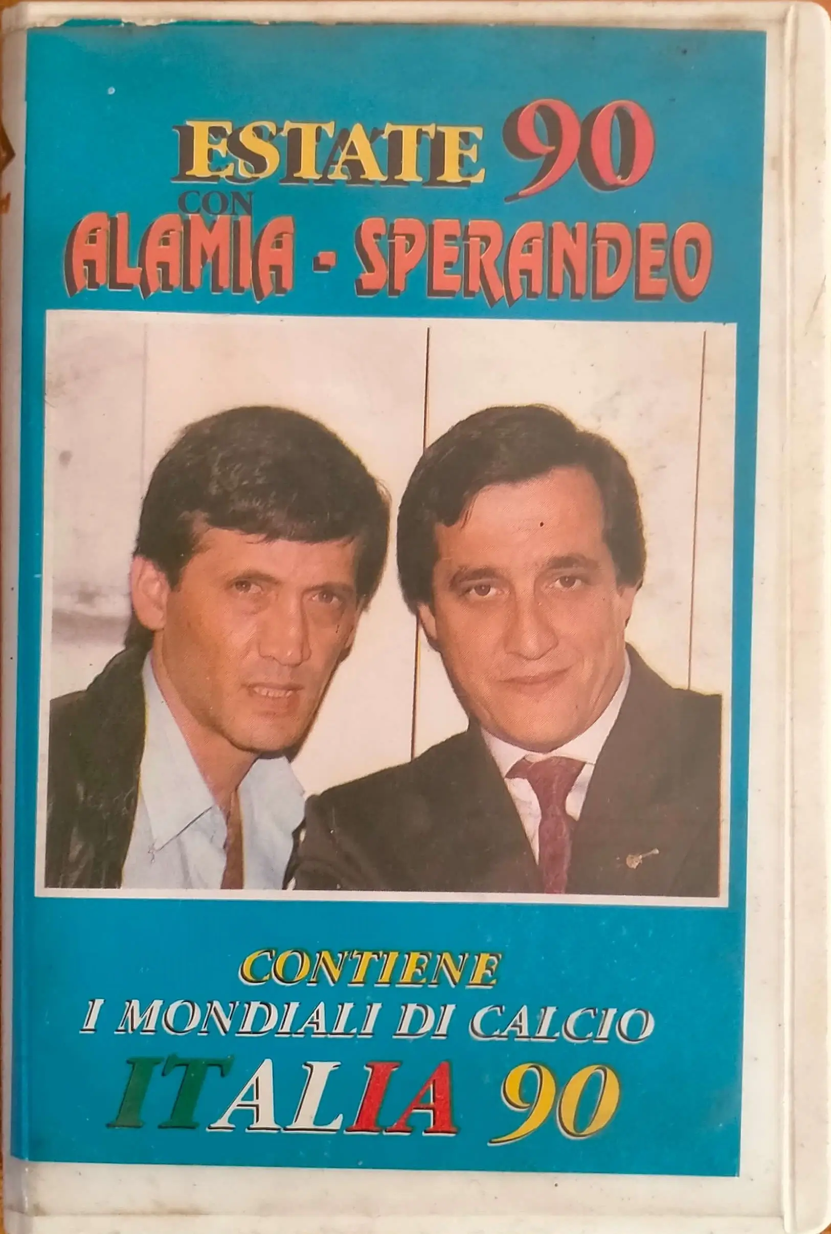 An image of the cassette album cover by the Sicilian musical comedy duo formed by Alamia and Sperandeo (showing their faces in a frame)