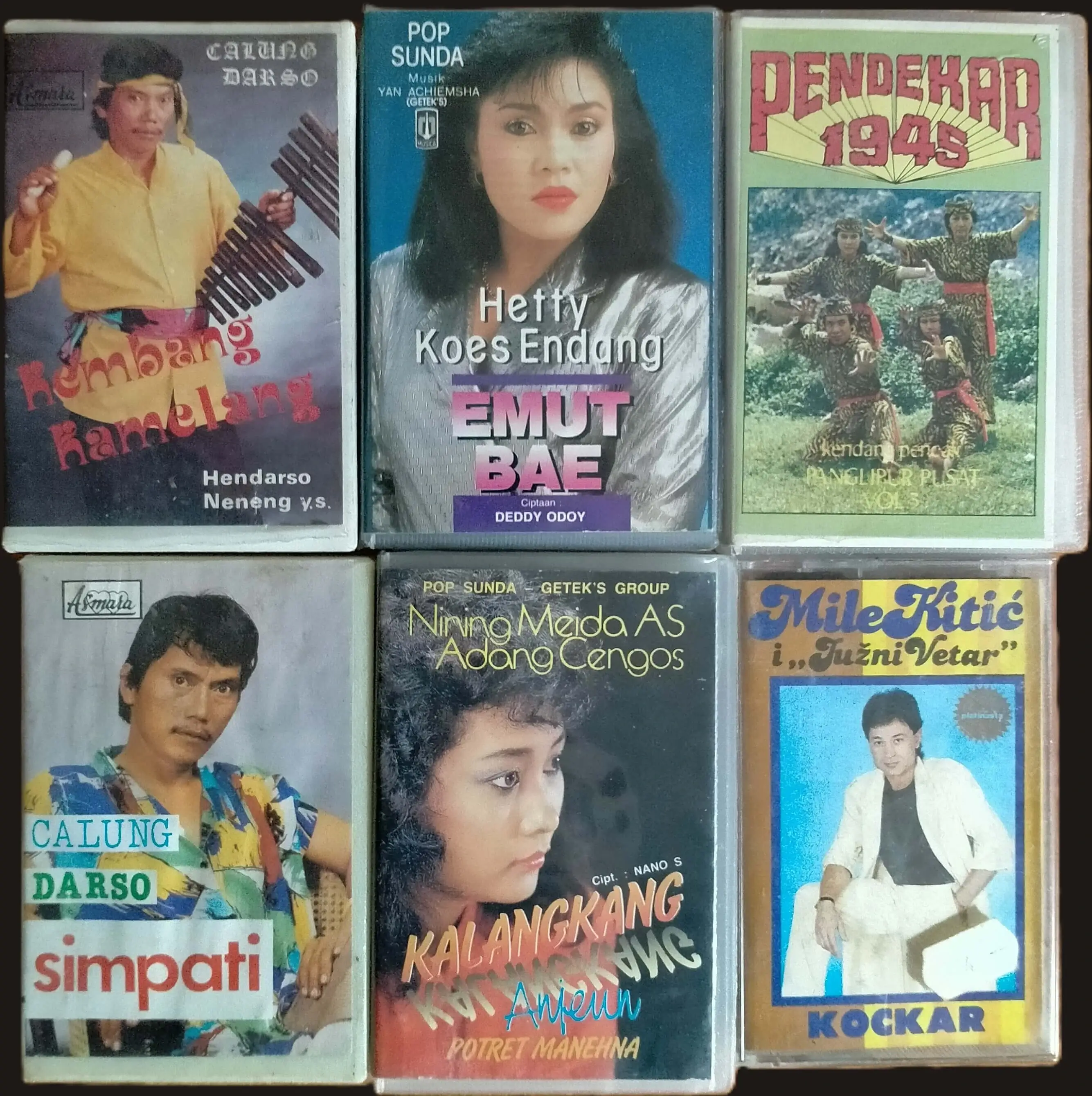 An image of six cassettes of indonesian and ex-yugoslavian music